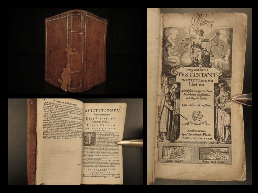 1632 1st ed law justinian institutes codex rome corpus juris amsterdam blaeu | <em>“freedom is the natural ability of everyone to do what he likes, unless it is prohibited by law or by force. ”</em> <em>― </em>justinian i   the<em> ‘institutes of justinian’ </em>is a portion of the full <em>corpus juris civilis</em>, largely based on the institutes of gaius. Justinian sought to reform roman law and education. This work was originally intended to be used by law students, but they were not solely used as a textbook, they carried legal weight …as law!   this 1632 amsterdam edition was the first edition published by blaeu.