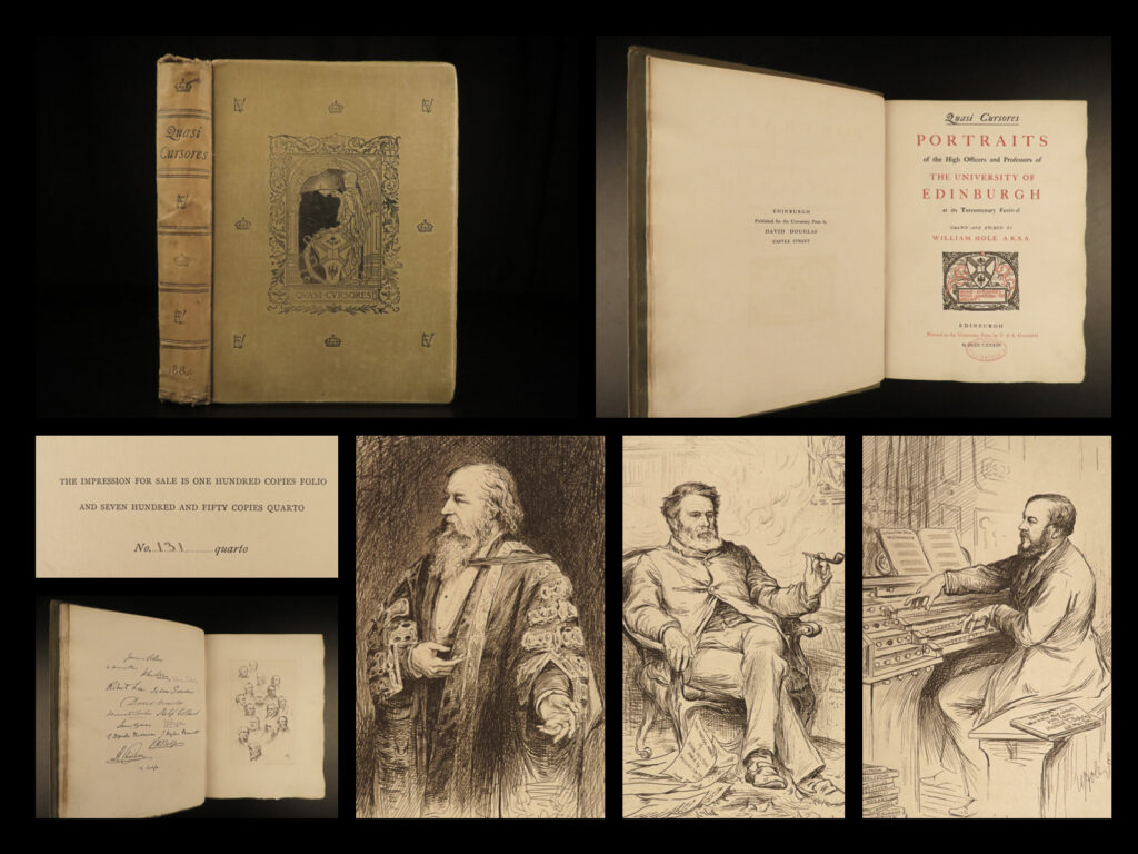 1884 edinburgh university 1ed william hole art portraits of faculty scotland | william hole was a 19<sup>th</sup>-century english artist known for his detailed, sketch-style art. One of his earliest works was ‘<em>portraits of the university of edinburgh’</em> – a collection of sketches of officers and faculty.   this particular example was <strong>numbered no. 131 of 750 copies. </strong>