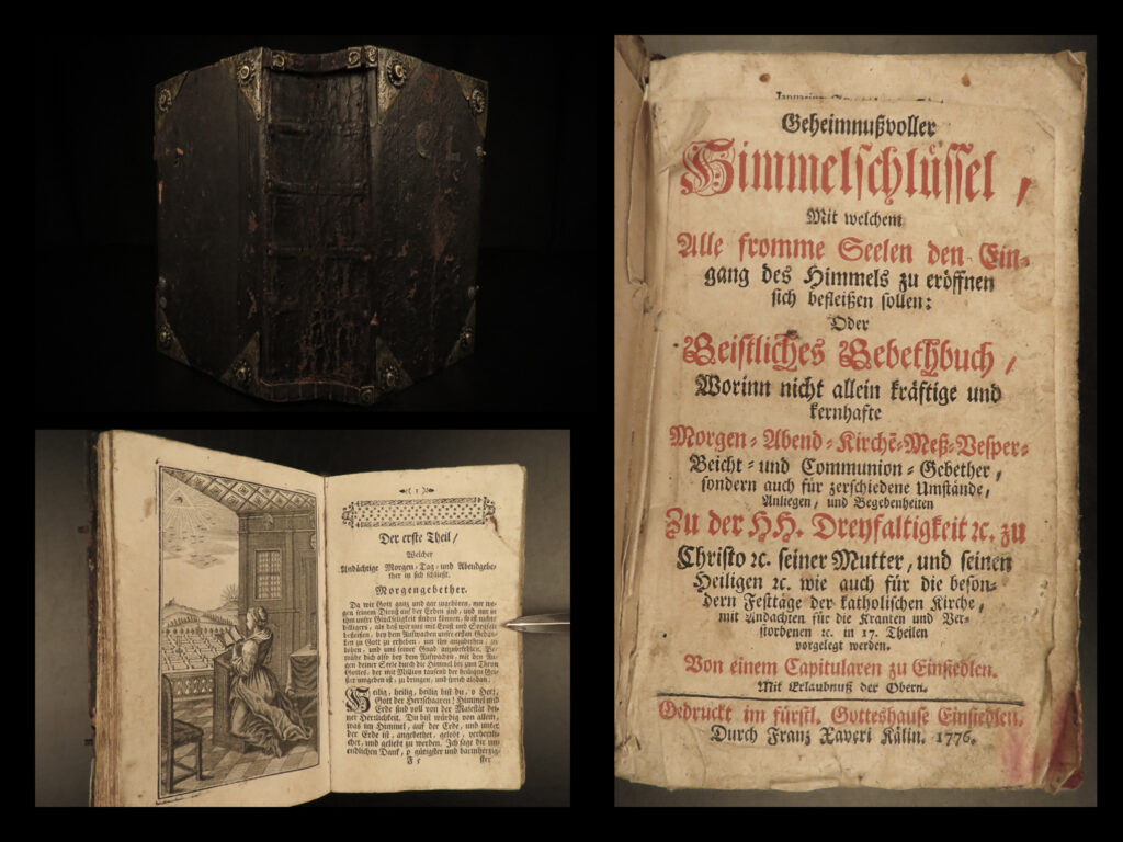 1776 mysterious key to heaven german devotional prayer book himmelschlüssel rare | “<em>geheimnisvoller himmelschlüssel</em>” is a rare, 18<sup>th</sup>-century german religious text by an unknown author. This book, known as the ‘<em>mysterious key to heaven’,</em> is a spiritual prayer book and devotional written to provide the reader direction of the ‘open door to the entrance of heaven’ (per title). This impressive book contains numerous full-page illustrations depicting scenes of prayer, angels and saints, and the life of jesus.