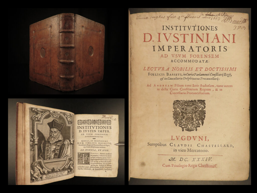 1663 law justinian institutes codex rome corpus juris lyon felix basset latin | <em>“freedom is the natural ability of everyone to do what he likes, unless it is prohibited by law or by force. ”</em> <em>― </em>justinian i   the<em> ‘institutes of justinian’ </em>is a portion of the full corpus juris civilis, largely based on the institutes of gaius. Justinian sought to reform roman law and education. This work was originally intended to be used by law students, but they were not solely used as a textbook, they carried legal weight …as law!   in 1634, historian felix basset gave a lecture in the court of king louis xiii on the practice of forensic law based on the teachings of justinian’s ‘<em>institutes’</em>. In addition to the justinian texts, this edition contains basset’s lectures and commentary on justinian law.
