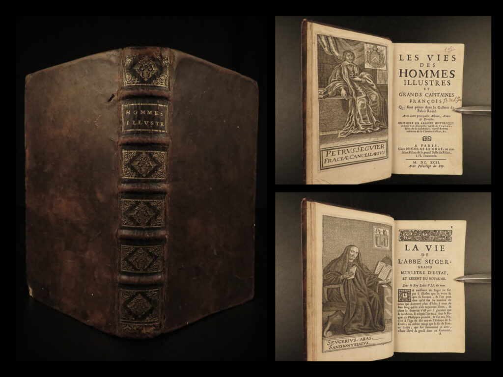 1692 vulson’s lives of illustrious men ambrose joan of arc pucelle gaston foix | marc vulson de la colombiere was a 17<sup>th</sup>-century french historian who is known for his biographical sketches of notable figures, priests, politicians, philosophers, and scholars. One of his best works was ‘<em>the lives of illustrious men’</em> – a work that includes those sketches. Vulson includes descriptions of famous men and women including: <ul> <li>joan of arc</li> <li>gaston de foix</li> <li>anne de montgomery</li> <li>henry iv</li> <li>queen marie de medici</li> <li>anne of austria, queen of france</li> <li>pierre de terrail</li> <li>cardinal ambrose</li> </ul>   this 1692 edition <strong>includes 25 full-page portrait engravings. </strong>