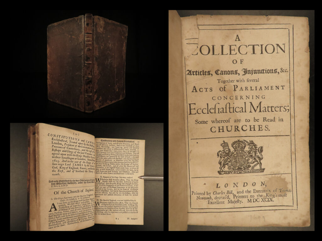 1699 church of england documents king william iii james i anglican sparrow | a rare edition of ‘<em>a collection of articles... Of the church of england</em>’. Collected by anthony sparrow, this work includes writings to and from the church of england, injunctions of queen elizabeth, king james, and edward vi. This collection of works describes various orders of the church, records of ceremonies, and doctrines of theology.   this particular 1699 edition includes supplements to sparrow’s earlier editions as well as a proclamation by king william ii.