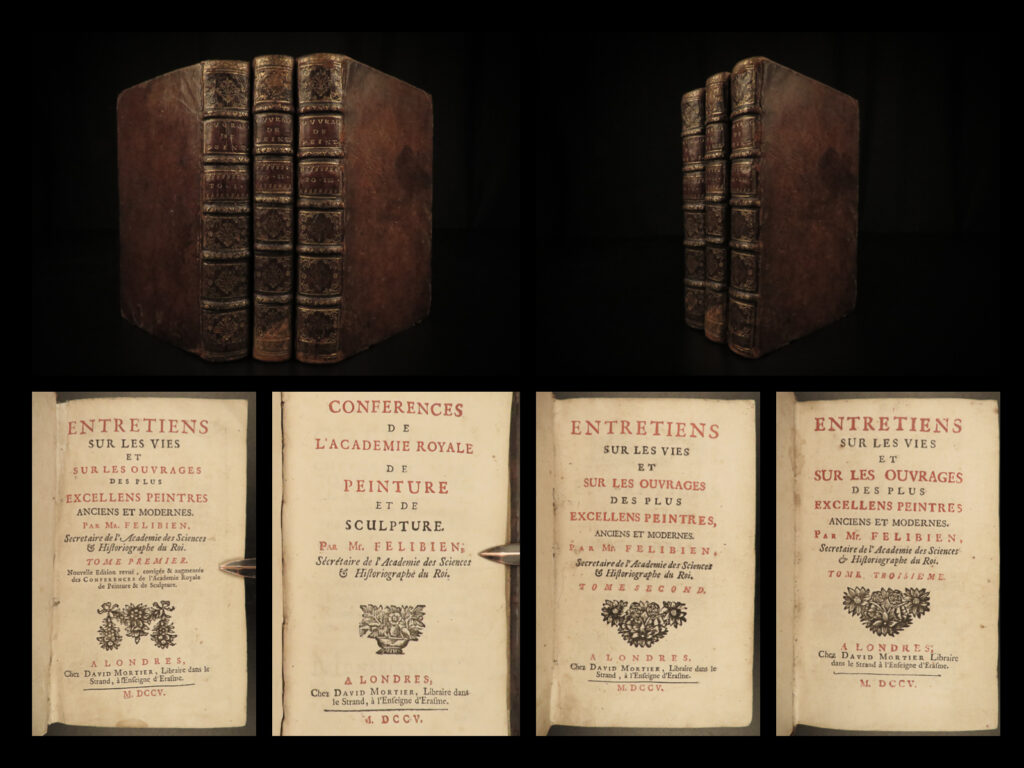 1705 art lives excellent painters french felibien italian renaissance da vinci | andre felibien was a 17<sup>th</sup>-century french art historian known for his service under louis xiv of france. In the 16<sup>th</sup>-century artist giorgio vasari published ‘<em>lives of the excellent painters’</em> which greatly influenced felibien, so much so that felibien wrote his own version entitled ‘<em>entretiens’</em> or ‘<em>lives and works of the most excellent painters</em>’. In addition to highlighting the lives of the great art masters, felibien used this book to give prominence to local french artists.   this 3-volume 1705 edition contains seven distinct parts and features impressive, full-page engravings.