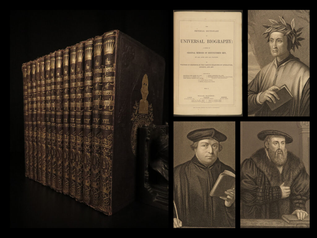 1870 imperial dictionary universal biography 84 portraits history science 14v | the “<em>the imperial dictionary of universal biography</em>” is a rare 19<sup>th</sup>-century encyclopedia-like work collected and edited by william mackenzie. This work is best-known for its plethora of engraved portraits of iconic figures in literature, science, art, and history.