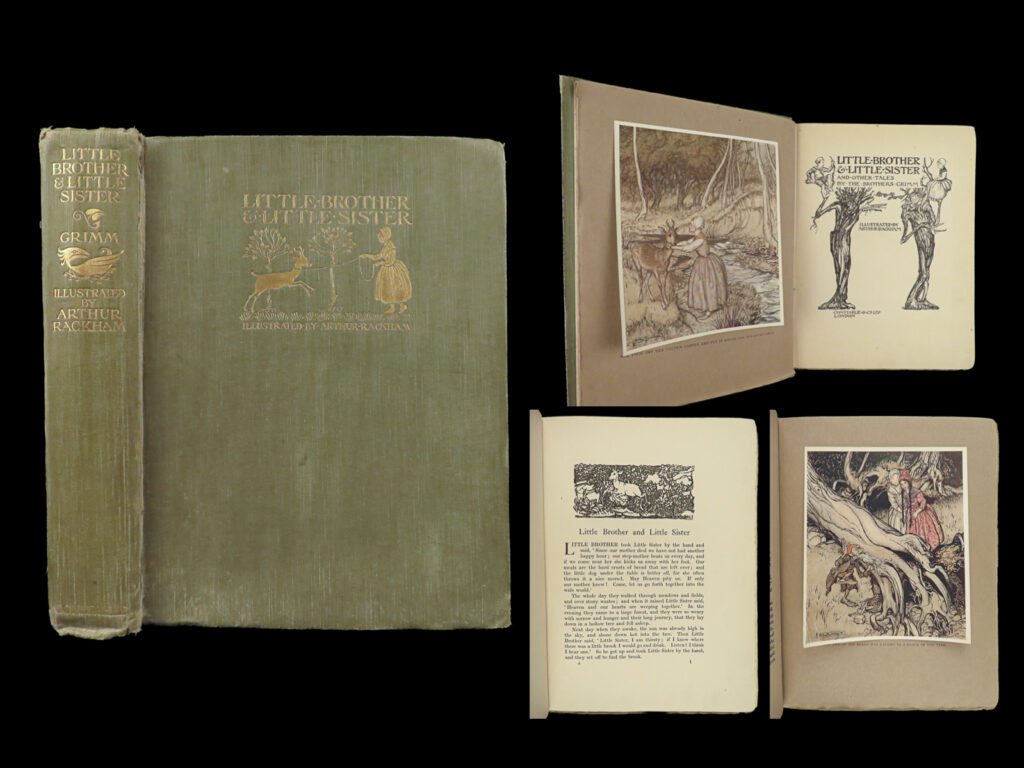 1917 grimm fairy tales 1st ed little brother & sister arthur rackham illustrated | an incredible first edition of arthur rackham’s illustrated “<em>brother and sister</em>” by grimm. The pieces in this work are often considered one of rackham’s crowning achievements as they show the versatility of his style and artistic execution. A masterpiece! This first edition is beautifully illustrated throughout with 12 full-page, colored plates and 44 black and white line drawings. <em> </em> item number: #17317 price: $750