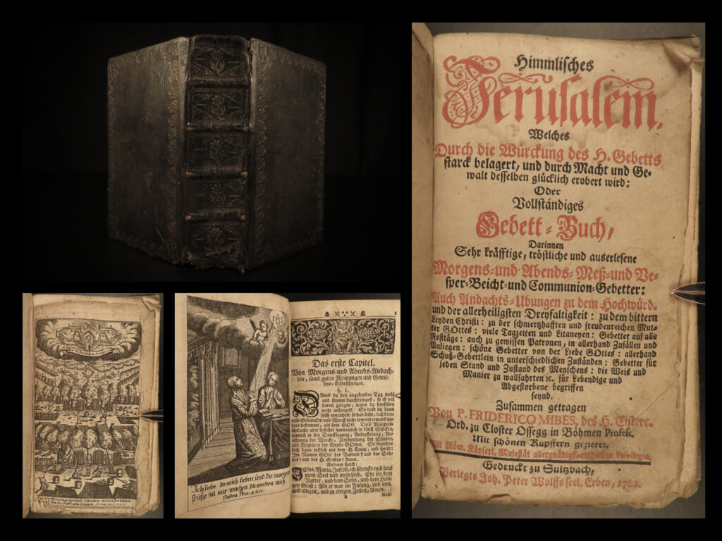1762 himmlisches jerusalem german prayer book by frederic mibes gebett-buch | ‘<em>himmlisches jerusalem’</em> is a rare, 18<sup>th</sup>-century corporate german prayer book written by frederic mibes. This book, filled with prayers and liturgies, is notable for its stunning, engraved title page depicting a scene of siege on jerusalem.