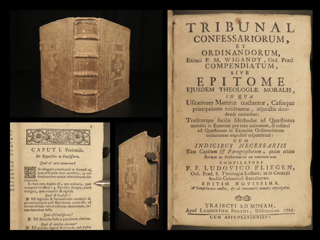 1729 wigandt tribunal confessariorum aquinas catholic fine binding maastricht | martin wigandt was a 17<sup>th</sup>-century catholic philosopher best-known for his book ‘<em>tribunal confessariorum et ordinandorum’</em>. This book was a compendium of wigandt’s studies into moral theology and thomism (study in the work and theology of thomas aquinas).