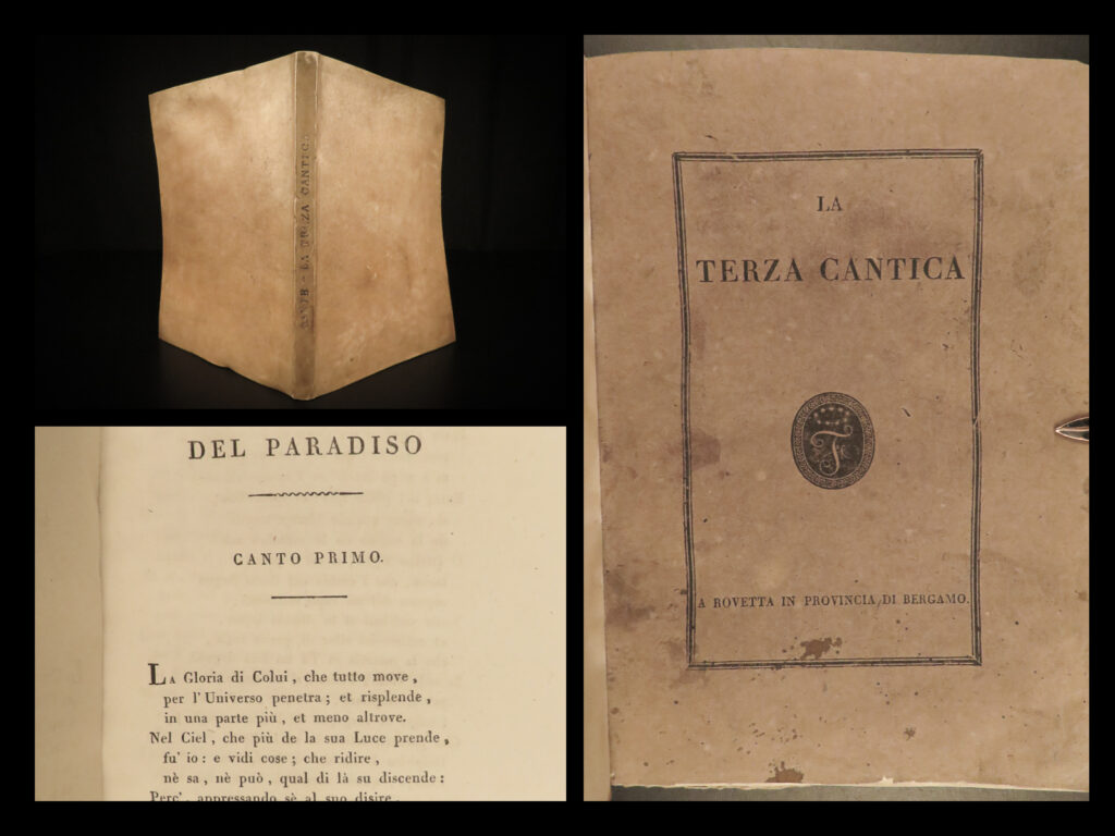 1820 1ed dante alighieri divine comedy paradise bergamo italy fantoni italian | <em>“abandon all hope, ye who enter here. ” </em> ― dante alighieri,<em> the divine comedy</em> <em> </em> dante’s “<em>divine comedy</em>” is one of the most important and long-lasting works for literature. It is dante’s record of an allegorical journey through the spiritual realms of hell, purgatory, and paradise. This medieval classic depicts classical themes, christian history, and medieval politics.   this impressive italian edition was published in 1820 in rovetta, bergamo in italy – the first and only edition edited by aloisio fantoni.