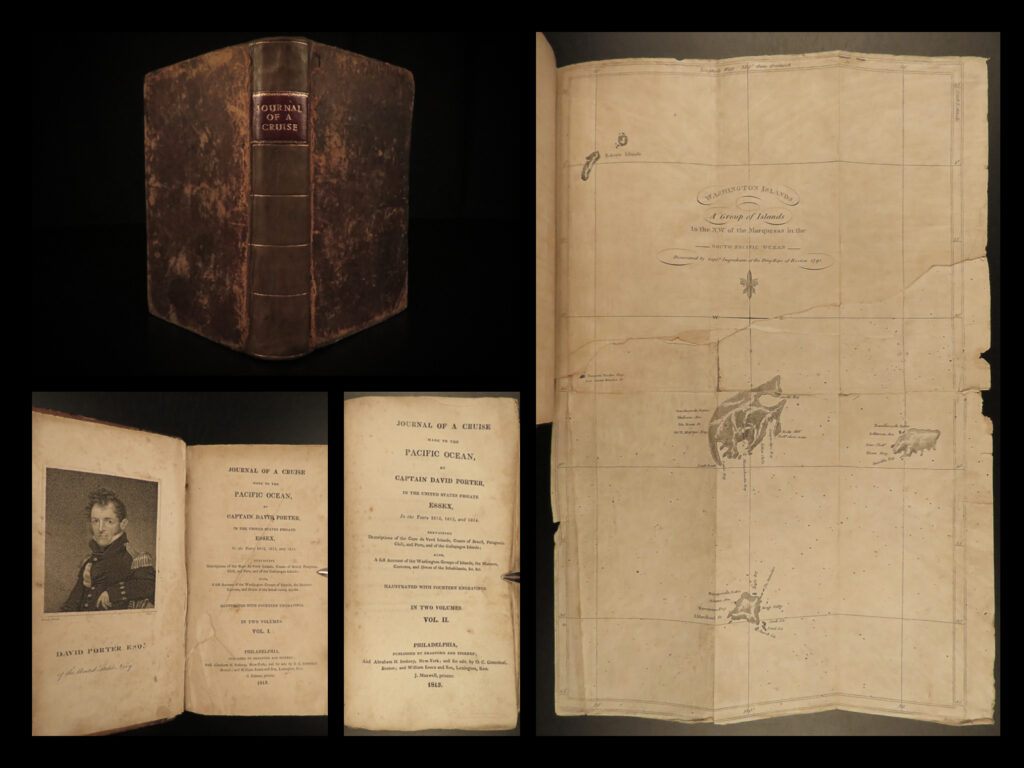 1815 war of 1812 1ed david porter journal uss essex battle of valparaiso plates | david porter was an early american naval captain who served on the uss constitution and the uss essex. While aboard the essex, porter faced significant hardships, including the battle of valparaiso where the ship was ultimately disabled. Porter kept a journal of his time aboard the essex, a journal that was quickly published after capture of the essex.   this extremely rare first edition was published in philadelphia and includes 14 full-page engravings. <strong>hill calls the first edition of this book </strong><strong>“suppressed and a very rare book” </strong>the illustrations depict native tribes, indigenous foods and fruits, and most desirably illustrated views of battle scenes, ships, and forts!