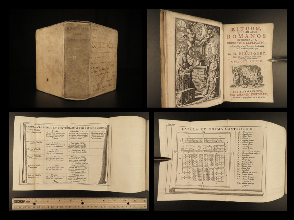 1747 rome nieupoort senate roman law customs mythology cicero latin utrecht | willem nieupoort, a 17<sup>th</sup>-century dutch historian, wrote ‘<em>rituum’</em> as a supplement to traditional roman antiquarian studies. He outlined various aspects of roman orders including the establishment of rome and the roman senate, the offices of religious priests, liturgical rites, and the importance of games and amphitheater entertainments. There is also an important section focused on the roman army as well as a section on the private lives of romans, exploring their clothing, customs, coins, and celebrations.   nieupoort was a well-known and respected jurist of his time, thus much of his perspective in this work involves roman law. He acknowledges the importance of cicero, plato, and other philosophers, but also mentions the roman focus on mythology.