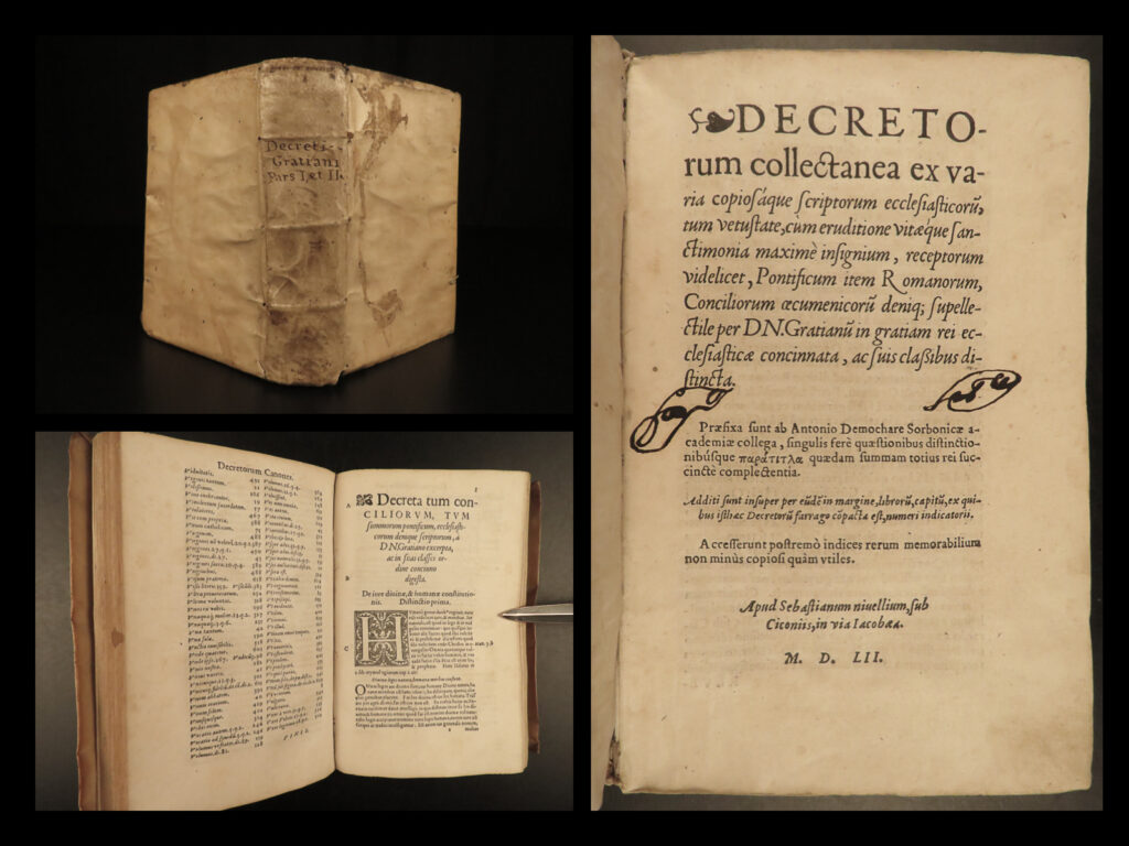 1552 medieval law gratianus decretum catholic canon corpus juris + mouchy gloss | gratianus, more commonly referred to as the ‘decretum gratiani’ was a 12<sup>th</sup>-century monk of whom nothing is known other than his work ‘<em>decretum’ </em>(hence the moniker). This work is a collection of decrees on canon law which became part of the <em>corpus juris canonici</em>. Gratian’s work was known to heavily influence the writings of peter lombard along with notable anthologies and legal glossaries written in the 14<sup>th</sup>-16<sup>th</sup>-centuries. According to thomas woods, this work “served as a model for 12<sup>th</sup>-century jurists in the formation of western law, based on rational rules and evidence to replace barbaric laws. ”   antoine de mouchy, a 16<sup>th</sup>-century french scholar, published an important commentary on gratian. This 1552 de mouchy edition of gratian is exceedingly rare. According to the ustc, <strong><u>this book appears in only one institutional holding worldwide</u></strong>!