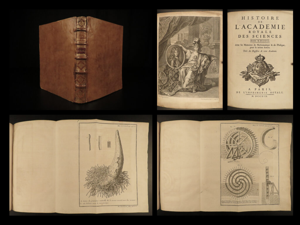 1717 academy sciences astronomy satellites chemistry bladder diseases provenance | ‘<em>history of the royal academy of sciences’</em> is an 18<sup>th</sup>-century collection of essays on various scientific and philosophical topics. Also known as the french academy of sciences, this society was established to encourage scientific research and develop the interest in the sciences in france.   this volume contains essays on physics, anatomy, chemistry, astronomy, and mechanics, with notable articles on: <ul> <li>changes in acids and alkalis</li> <li>prolapsed and herniated bladder treatments</li> <li>general observations of satellites</li> <li>notes on the distances from the earth to stars</li> <li>principles and behaviors of fluids</li> </ul>