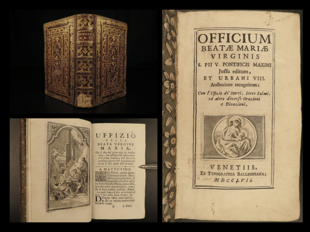 1757 beautiful book of hours blessed virgin mary catholic liturgy bible prayer | the office of the blessed virgin is a catholic liturgical devotional to honor the mother of jesus. It is a usually used in association with the divine office and includes psalms, hymns, scripture readings, and prayers. This work includes full-page engravings bound in decorative leather.