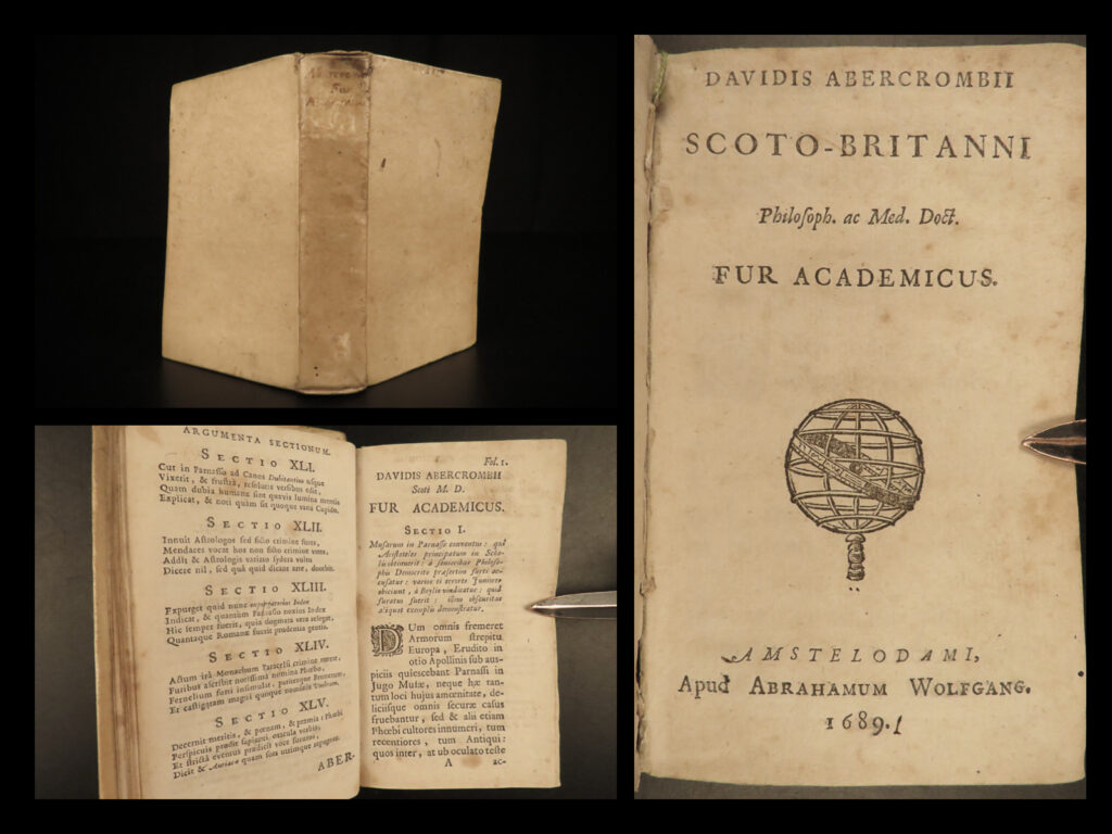 1689 1ed scottish abercromby fur academicus astrology medicine alchemy science | david abercromby was a 17<sup>th</sup>-century scottish physician who was known for his portfolio of works on various scientific studies. His book ‘<em>fur academicus’</em> covers a wide variety of <strong>topics including physics, medicine, alchemy</strong>, and much more with some of the most important topics including: <ul> <li>aristotelian dogma</li> <li>traditions of thomists and scotists</li> <li>political, social, and political battles between germans and gauls</li> <li>poems of virgil</li> <li>notes on astrologers, seers</li> </ul>