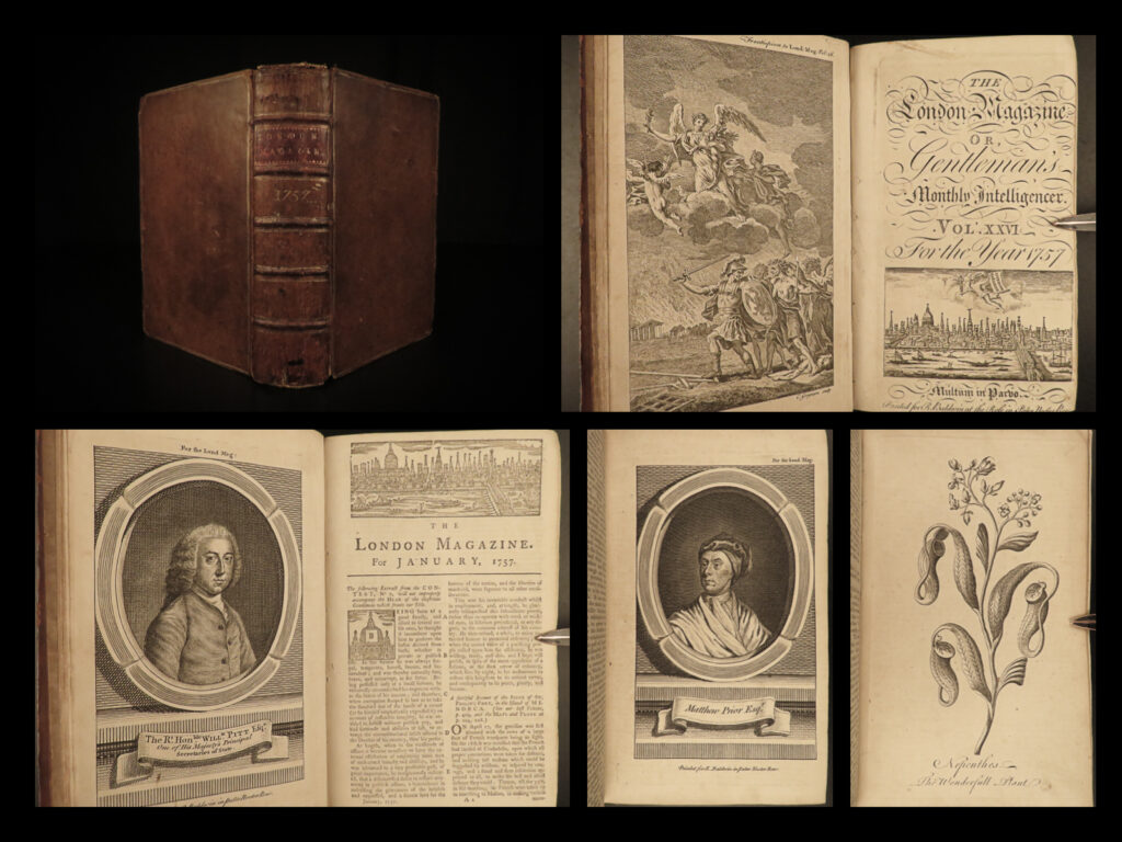 1757 1ed choctaw indians georgia & carolina colonies americana london magazine | a rare 1757 printing of the famed periodical, ‘<em>the london magazine’</em>. This volume includes notable topics such as: <ul> <li>biographical sketch of william pitt</li> <li>notes and journal descriptions of the siege of oswego during the french and indian war</li> <li>description of the siege of fort st philip during the seven years’ war</li> <li>ship movement and positioning of french and english navies during the seven years war</li> <li>an account of british plantations in american, south carolina <ul> <li>conspiracy of negro slaves uprising and murdering white owners</li> </ul> </li> <li>descriptions of battles lead by frederick ii of prussia</li> <li>state of british colonies, confined spaces – need for expansion</li> <li>descriptions of choctaw and creek indians in georgia, indian warriors</li> </ul>