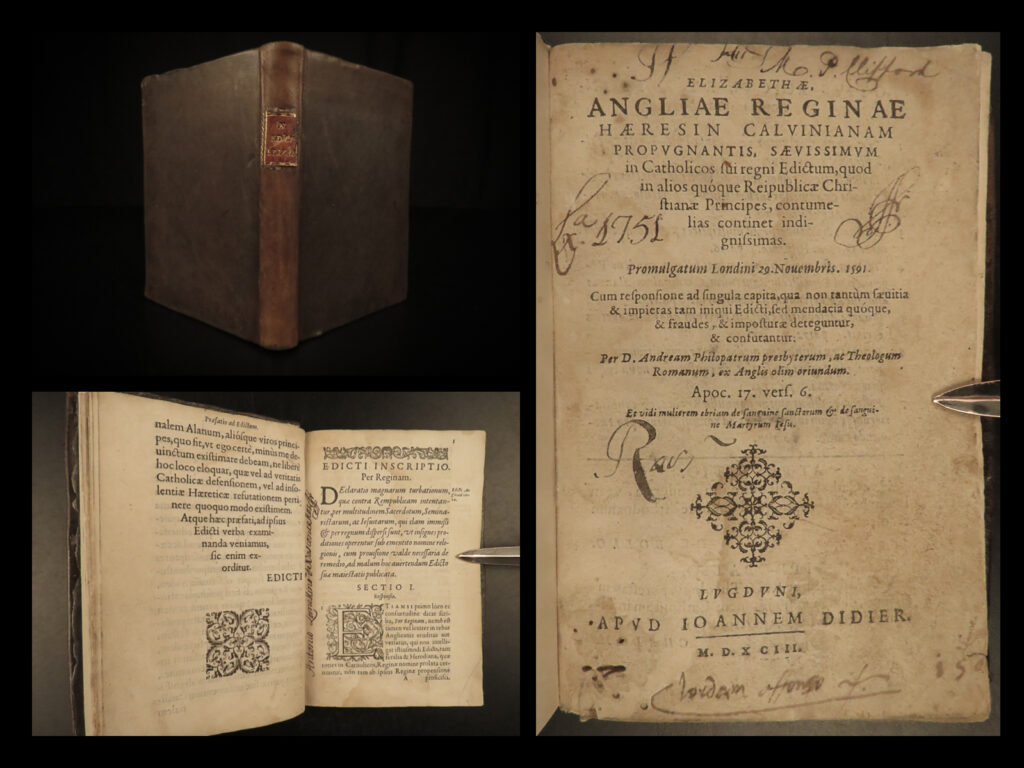 1593 jesuit robert parsons queen elizabeth i english catholic calvinism heresy | robert parsons was a 16<sup>th</sup>-century english jesuit who was a catalyst in the establishment of a jesuit mission in england. Parsons wrote numerous works relating to catholicism and jesuit theology – defenses of jesuit doctrine, justification of catholic practices, attempts at conversion of protestants, etc.   in november of 1591, queen elizabeth made an anti-catholic declaration against jesuit seminary students, priests, and clergy. Parsons responded with his book “<em>elizabethae, angliae reginae haeresin caluinianam propugnantis</em>”.