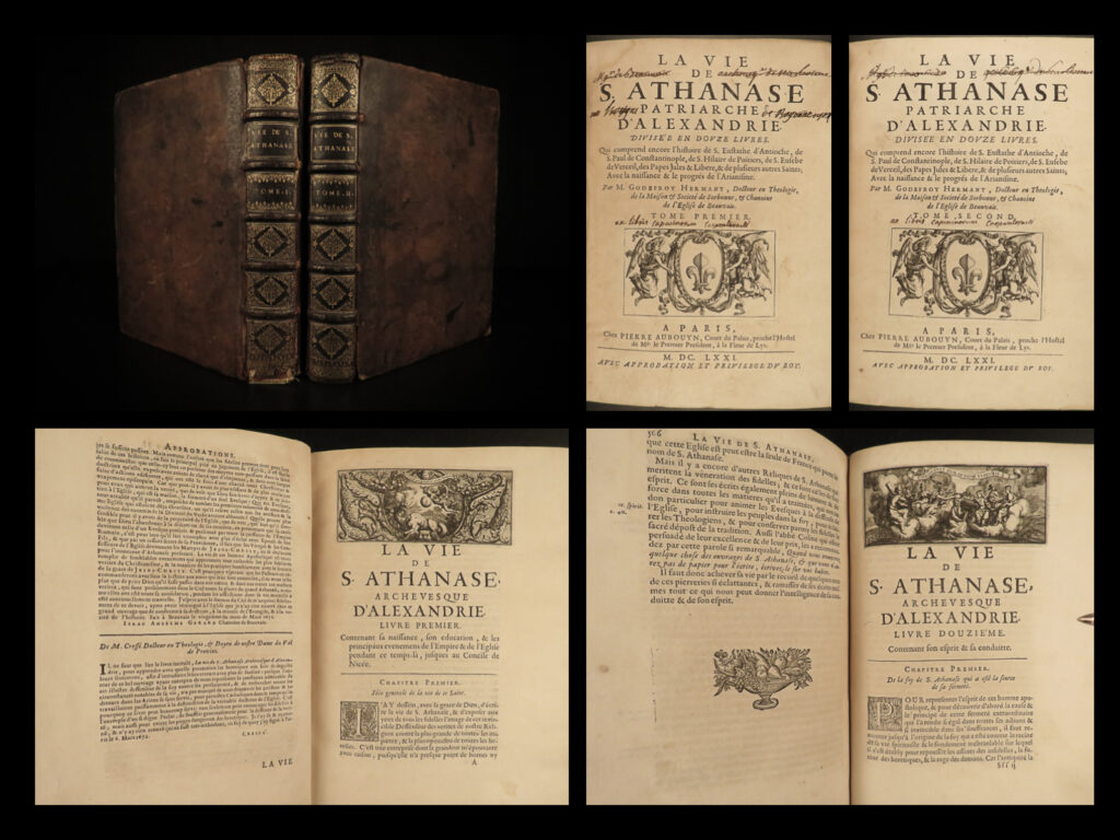 1671 1ed life of saint athanasius of alexandria greek orthodox egypt hermant 2v | godefroy hermant was a 17<sup>th</sup>-centuery catholic theologian known for his canonical and ecclesiastical history works. Perhaps his best-known work was his biographical account of the life of saint athanasius of alexandria, first published in 1671. Athanasius of alexander was a 4<sup>th</sup>-century early church father who was notably against arianism.   this impressive first edition features 12 fine engraved vignettes; complete in two volumes. <em> </em>