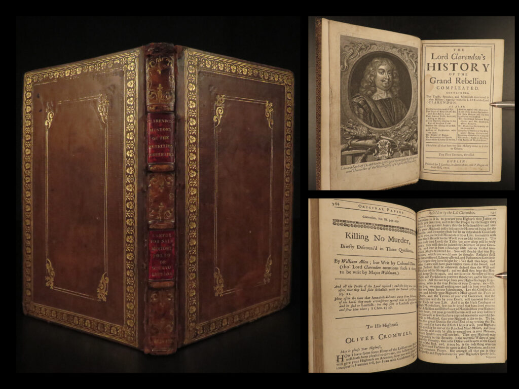 1720 clarendon english civil war rebellion royalist church england dublin | <em>‘the history of the rebellion’ </em>by edward hyde clarendon is a famous, early-18<sup>th</sup>-century account of the english civil war. It was the <strong><u>first full-scale history of the civil war </u></strong>written by a figure with first-hand accounts! Clarendon composed this, and his other works of english history, with his own royalist view. He sought to support the church of england and in doing so ‘<em>history’</em> directly influenced english politics. David hume, scottish philosopher, said this of clarendon’s masterpiece: “clarendon, however, will always be esteemed an entertaining writer, even independent of our curiosity to know the facts, which he relates… he seems perpetually anxious to apologize for the king; but his apologies are often well grounded. ”   this rare 1720 edition was published in dublin.