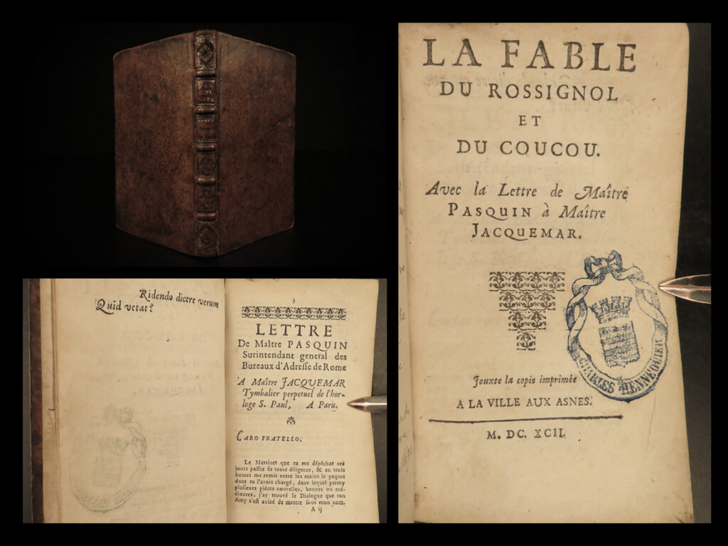 1692 fables noble french literature nightingale and cuckoo chaucer midas rare | eustache le noble was a 17<sup>th</sup>-century french author and playwright. One of his works was ‘<em>the tale of the nightingale and the cuckoo</em>’, a story based on the original of geoffrey chaucer of the same title. Other titles contained in this 1692 edition of the works of noble includes: <ul> <li>midas ou le combat de pan contre apollon (<em>midas, fight of pan against apollo</em>)</li> <li>le renard pris au trebuchet (<em>fox in the trebuchet</em>)</li> <li>le paroli à la samaritaine ou le censeur ou le savetier (<em>the samaritan paroli</em>)</li> <li>le renard démasqué (<em>the unmasked fox</em>)</li> </ul> <em> </em>