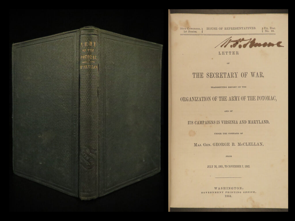 1864 civil war 1ed george mcclellan letter war gettysburg battle strategy dc | a rare first edition printing of ‘<em>letter of the secretary of war’</em>, reporting on general george mcclellan’s organization of the army of the potomac during the american civil war. This collection of letters and correspondence describes civil war soldiers, army coordination, engineers, medical staff, and battle tactics. One important section describes the direction of moving artillery to gettysburg!
