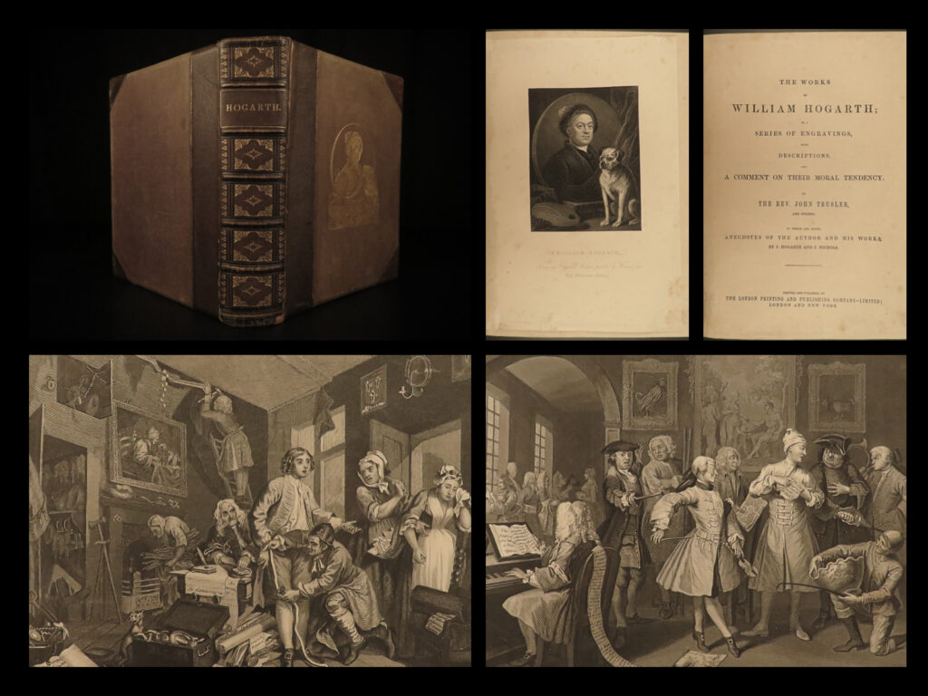 1860 english william hogarth art illustrated 150 plates political satire trusler | william hogarth was one of the most famous english artists of the 18th-century and his satirical cartoons appeared in comic-strips and other printed works for decades. His most famous works were short series of sketches that told moral stories through the lens of political satire – ‘<em>a harlot’s progress</em>,’ ‘<em>a rake’s progress</em>,’ and ‘<em>marriage-a-la-mode</em>. ’ <em> </em> this undated folio edition includes an introductory essay by james hannay, and a descriptive letterpress by rev. J. Trusler, and e. F. Roberts.
