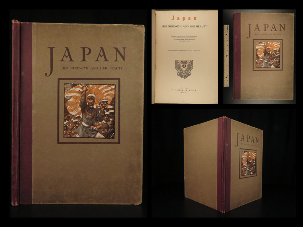 1904 1st ed japan huge russo-japanese war asia korea military photos folio | ‘<em>japan: her strength and her beauty’</em> contains photographs of the japanese armed forces, portraits of military and naval officers and other governmental officials plus scenes of japan at the outbreak of the russo-japanese war. This book was written to give a clear picture of japan as it existed in the late 19<sup>th</sup> and early 20<sup>th</sup> century and how it came to be that way, depicting not only war over korea and the emperor, but temples, pagodas, jinrikishas, tea houses, gardens, sacred bridges, wrestlers, workmen, women, art, architecture, religion, and much more!   this 1904 first edition is profusely illustrated with photographs and drawings by henry reuterdahl, fletcher ransom, sidney adamson and genjiro yeto, with an original cover design by j. Leyendecker.