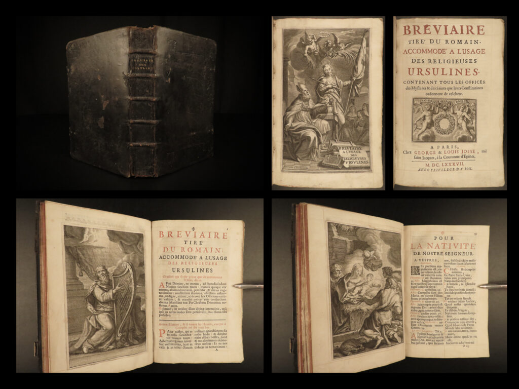 1687 ursuline sisters catholic breviary roman missal monastic nuns illustrated | a rare, french catholic breviary published for the ursuline sisters. This fine, 17<sup>th</sup>-century liturgical work features 12 full-page illustrations alongside the prayers, hymns, and devotional works; published by josse in 1687.