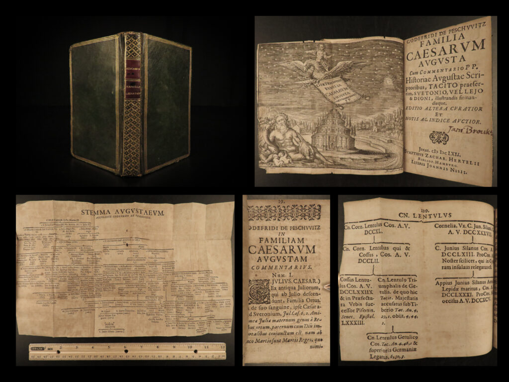 1662 roman emperors julius caesar augustus nero rome tiberius polish peschwitz | “<em>familia caesarum augusta</em>” is a rare, 17<sup>th</sup>-century history of the emperors of rome – the caesars in the ‘julian family’. Written by polish author gottfried peschwitz, this book provides details on the lives and reigns of each of the roman rulers. However, this book is best-known by its <strong><u>enormous folding family tree</u></strong> which, of course, includes names such as julius caesar, caesar augustus (octavius), nero, and tiberius, as well as the wife of augustus, livia drusilla.