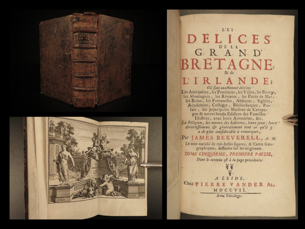 1707 1ed delights of britain & ireland castles england 76 double page plates! | james beeverell’s “<em>the delights of great britain and ireland</em>” is a rare, early 18<sup>th</sup>-century series published to describe and illustrate various locations from great britain and ireland. Beeverell intended to include palaces and castles, cathedrals, ports and harbors, small towns, gardens, and estates. This fifth volume contains 76 double-page engravings depicting views of: <ul> <li>badminton in gloucestershire</li> <li>chelsea house in middlesex</li> <li>doddington in lincoln</li> <li>eaton hall</li> <li>hampton court palace</li> <li>hatfield in hertfordshire</li> <li>the seat in yorkshire</li> <li>windsor house in barkshire</li> <li>and many more! </li> </ul>