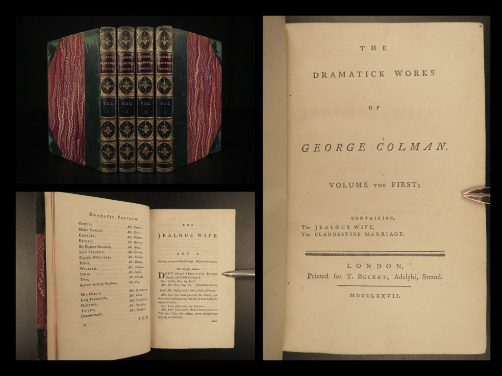 1777 1ed works george colman theater plays polly honeycomb silent woman 4v set | george colman was an 18<sup>th</sup>-century english playwright. While colman was not the most famous dramatist of the 1700s, his plays are still considered to be valuable works in english theater. This four-volume 1777 set of the works of colman includes his most important works including ‘<em>the jealous wife’, ‘the clandestine marriage’, </em>and<em> ‘polly honeycomb’. </em>