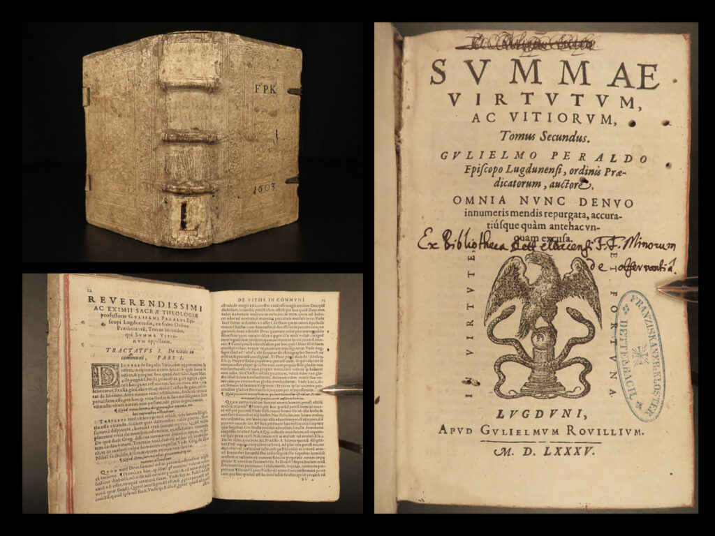 1585 perault virtue & vice virtutum ac vitiorum catholic bible latin rouille | an exceptionally rare 16<sup>th</sup>-century printing of guillaume perault’s bible commentary, annotations, and scripture references entitled ‘<em>summae virtutum ac vitiorum’</em>. Perault wrote on virtues and vices of human nature offering devotional views on dealing with mistakes through prayer and bible study.