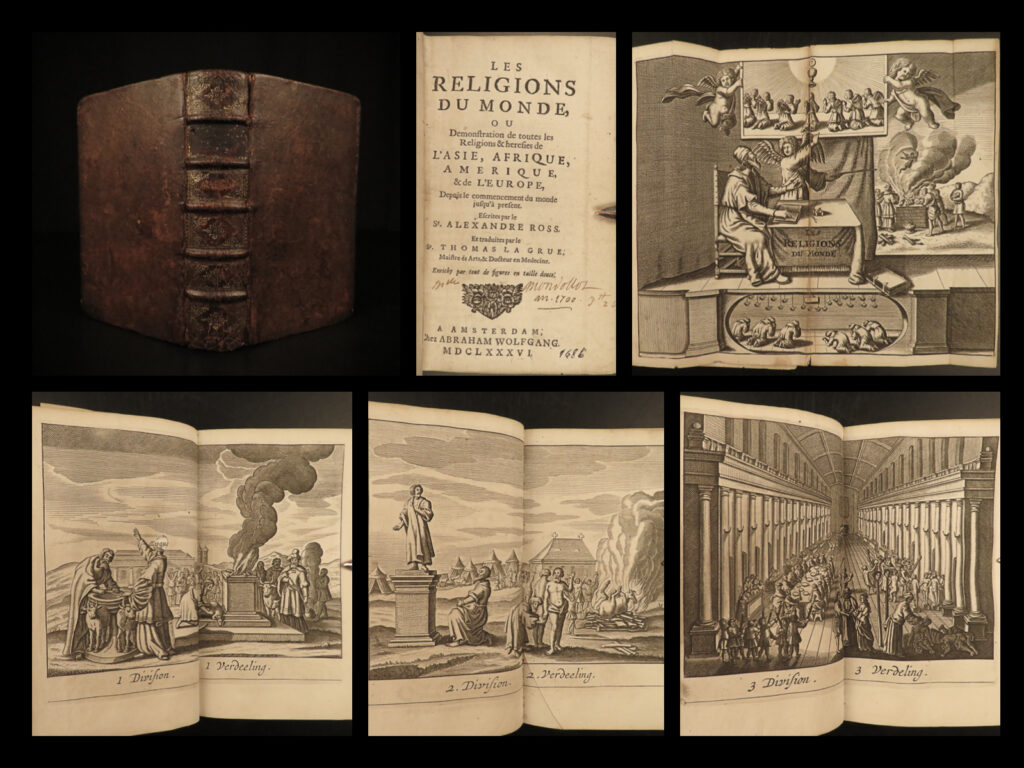 1686 world religions scottish ross pagan occult idols witchcraft rites + heresy | alexander ross was an important scottish controversialist writer who is remembered for his various attack writings on prominent figures such as hobbes, harvey, and browne. He also published a series of works on astronomy and religion in which he defines aspects of world theological beliefs. The focus of ‘<em>les religions du monde</em>’, ‘<em>religions of the world’</em>, was to demonstrate that these religions were practicing heresy and idol worship. He provided context on the practices of figures such as john huss, michael servetus, and mahomet.   this fine 1683 english edition also <strong>includes 12 impressive double-page engravings. </strong>