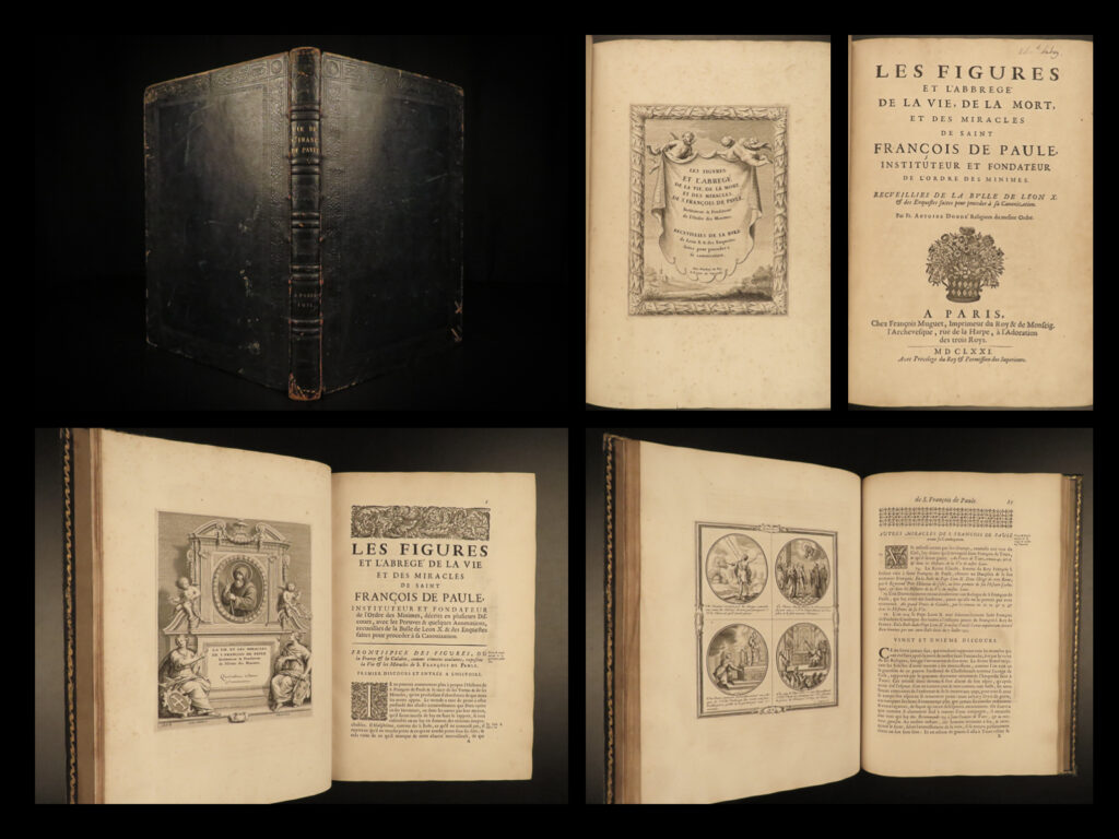 1671 miracles 1ed saint francis of paola catholic monastic order of minims donde | francis of paola was a 15<sup>th</sup>-century friar and founder of the order of minims. He is remembered for his many miracles, many of which were written about in antoine donde’s “<em>figures of the life death and miracles of saint francis of paola</em>”. This 1671 edition of donde’s book contains numerous full-page engravings depicting different scenes from francis of paola’s life.