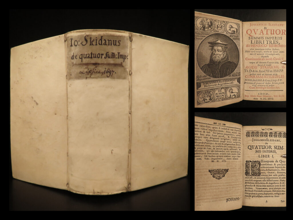 1697 john sleidan four empires greece rome babylon persia key of history latin | johannes sleidanus was a 16<sup>th</sup>-century historian who is best remembered for his commentary and analysis of the protestant reformation. He collected as all papers and manuscripts concerning the reformation to which he had access (particularly those of martin luther) and edited them as part of his ‘<em>commentary on state, religion, and republic’</em>. And while his contributions to the growth of popularity of the reformation was his greatest work, he also published a book on the history of the world.   ‘<em>the four empires’</em>, also known as ‘<em>the key of history’</em>, is a methodical history of four the most important kingdoms of the world – babylon, persia, greece, and rome. He describes important world events, beginning with flood of noah, through roman emperors, the reign of alexander the great, and much more. This 1697 edition includes notes and contributions by heinrich meibom, aegidius strauch, and konrad schurtzfleisch.