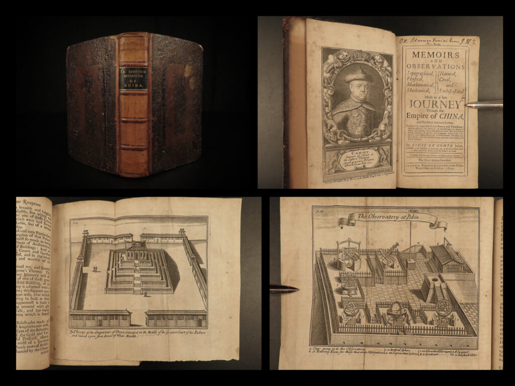 1699 china memoirs of le comte chinese rites confucius mandarin mathematics | the history of china has always been one of the most popular discussions of western culture and was a regular occurring topic of authors from the 16<sup>th</sup>- 18<sup>th</sup>-centuries. One of the most important examples of chinese history was written by louis le comte, a french jesuit who wrote this work on his mission to china in 1688. This work, ‘<em>memoirs and observations’</em>, created a huge debate within the chinese rites controversy.   this work covers various chinese empires and kingdoms including the k’ang his and kangxi, chinese astrology and star gazing, zodiac and mythology, chinese boats, mandarin costumes, mechanical inventions, and establishment of christianity in china.   while these contents are important, the most desirable aspect of this book is the section devoted to confucius and his teaching. A highly desirable work with fascinating contents that includes full-page and folding engravings!