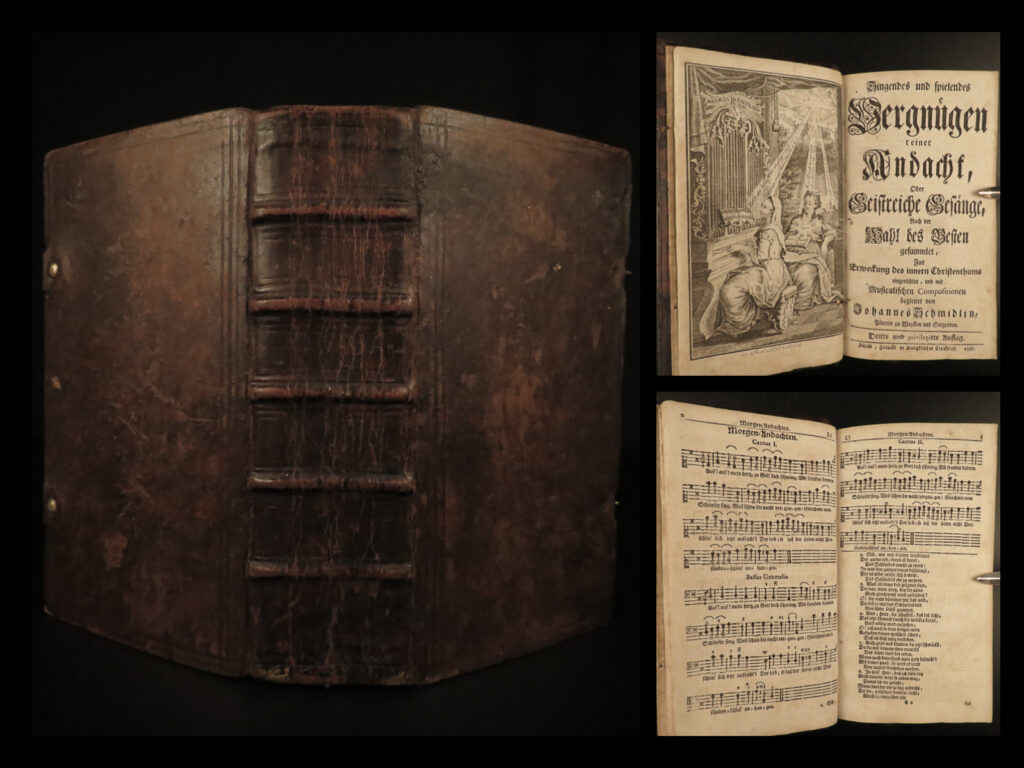1767 swiss schmidlin music songs hymns bible prayer book zurich switzerland | johannes schmidlin was an 18<sup>th</sup>-century swiss composer known for his cantatas and odes. One of his musical contributions was a collection of devotional tunes, used for personal prayer and scripture reading. This german songbook contains hundreds of songs and lines of music – an impressive 18<sup>th</sup>-century book.