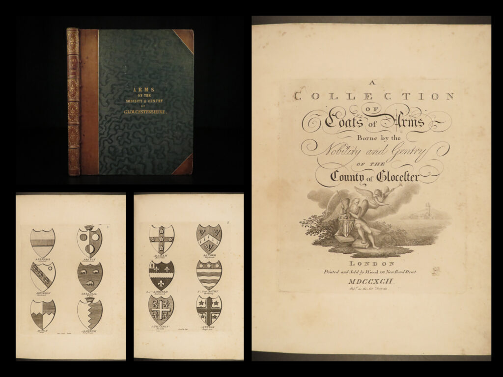 1792 heraldry 1st ed coat of arms of gloucestershire england royal atkyns rudder | a fascinating 18<sup>th</sup>-century collection of english royal coats-of-arms edited by george nayler. Entitled simply “<em>a collection of coats of arms</em>”, nayler’s work contains illustrations and heraldic descriptions taken from robert atkyns and samuel rudder’s histories of gloucestershire, england. This 1792 first edition of nayler’s work <strong>contains 62 full-page engravings each with six armorial figures. </strong>