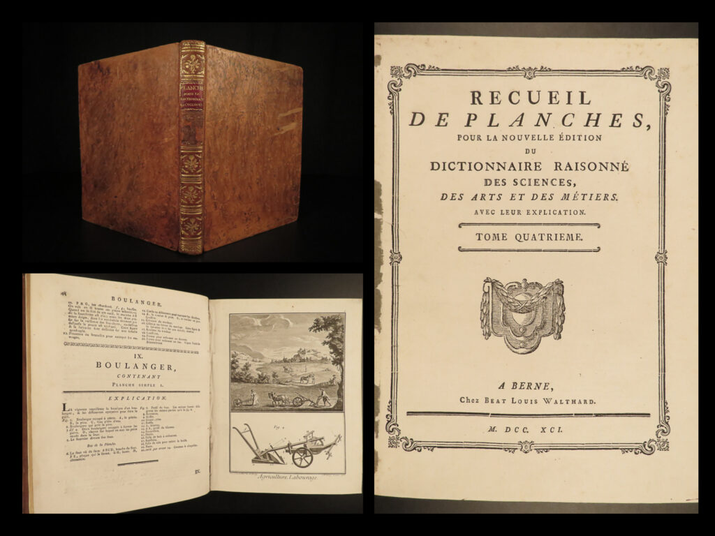 1791 diderot encyclopedia plates rome colosseum pantheon architecture machines | through the mid-18<sup>th</sup>-century, large collections of knowledge were relegated to specific areas of study like law, medicine, or religion. However, denis diderot’s ‘<em>encyclopedie’</em> changed the public’s knowledge base as well as setting a standard for future generations of acquiring knowledge on many different subjects. This was the first encyclopedia to include contributions from many different named writers. It also was the first encyclopedia to describe work-related topics like agriculture, engineering, cooking, and trade.   one of the aspects that made this work so desirable was the incredible, detailed full-page engravings. In fact, the illustrations themselves were so sought-after that they were of published on their own apart from the encyclopedia.   this volume of ‘<em>de planches’</em>, or the plates from diderot’s encyclopedia include some of the following engravings: <ul> <li>ancient and modern alphabet</li> <li>ancient rome architecture <ul> <li>colosseum, arches, pantheon</li> </ul> </li> <li>weapon making</li> <li>agriculture tools, gardening</li> <li>weaving, clothes making <ul> <li>needle making</li> </ul> </li> <li>rustic economics – windmills</li> </ul>
