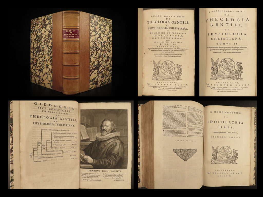 1668 idolatry & pagans bible history jews gentiles vossius + hebrew maimonides | gerardus vossius was a 16<sup>th</sup>-century dutch classical theologian known for being one of the first to treat theological dogmas and non-christian religions from a historical point of view, rather than the more accepted theological. His works of rhetoric were widely popular and were used as textbooks during and after his lifetime. He followed aristotelian thought and was influenced not only by aristotle, but also by cicero and other ancient philosophers.   vossius’s “<em>de theologia gentili</em>” was his commentary on the origins and rise of idolatry throughout history. It gives glimpses into gentile theologies followed in the bible. This 1668 edition was published in amsterdam by blaeu.