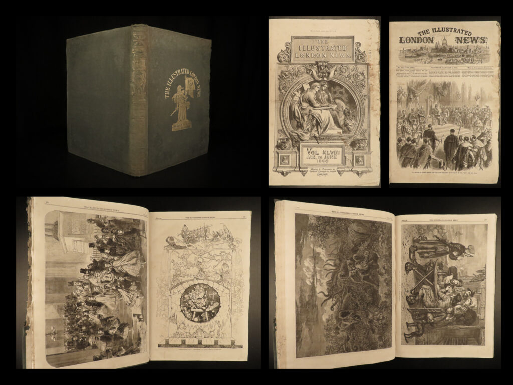 1866 huge illustrated london news american ships arab villages taiping rebellion | a rare, mid-19<sup>th</sup>-century issue of ‘<em>the illustrated london news</em>’ – an enormous tome!   this series of issues from 1866 covers a wide variety of important topics; however, the entirety of topics included is too vast to include here. Nonetheless, some of the most important and interesting topics include: <ul> <li>american ships of war in cork harbor</li> <li>establishment and rise of arab villages near aden</li> <li>elephant hunting excursions by abyssinian arabs</li> <li>wedding of princess mary of cambridge and prince teck</li> <li>memorials to british officers killed during the taiping rebellion</li> <li>giuseppe garibaldi, italian general, and his wars efforts</li> </ul>  