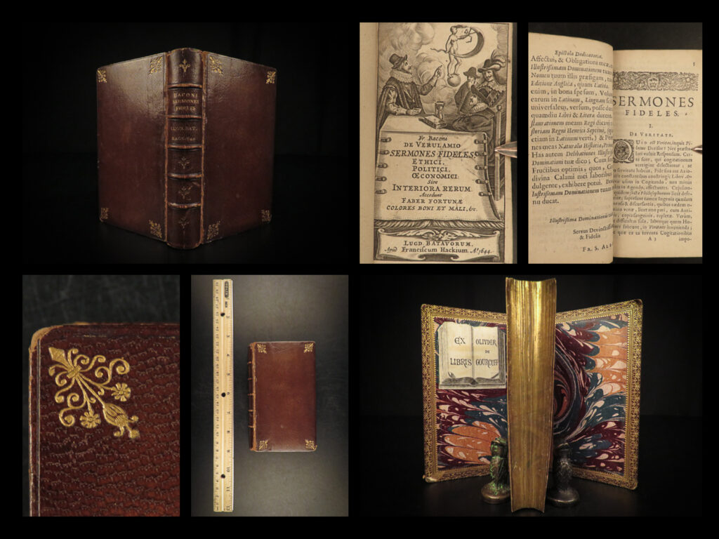 1644 sir francis bacon essays elzevir economics science crime law political |   <em>“some books should be tasted, some devoured, but only a few should be chewed and digested thoroughly. ” </em> ― francis bacon   francis bacon, one of the most famous english philosophers and scientists of the renaissance. While most of his work deals with discovery, scientific method, and the scientific revolution, he did lean strongly toward puritanism in his personal devotion.   an extremely rare elzevier printing of bacon’s “<em>sermones fideles”. “sermones fideles</em>” is the title of the work as a whole, but it contains four other works that come from ‘<em>the essays’</em>. Bacon discusses politics, economics, ethics, crime, law, and science all through the lens of philosophy. This work was translated from his ‘essays’ which was printed earlier in english.  