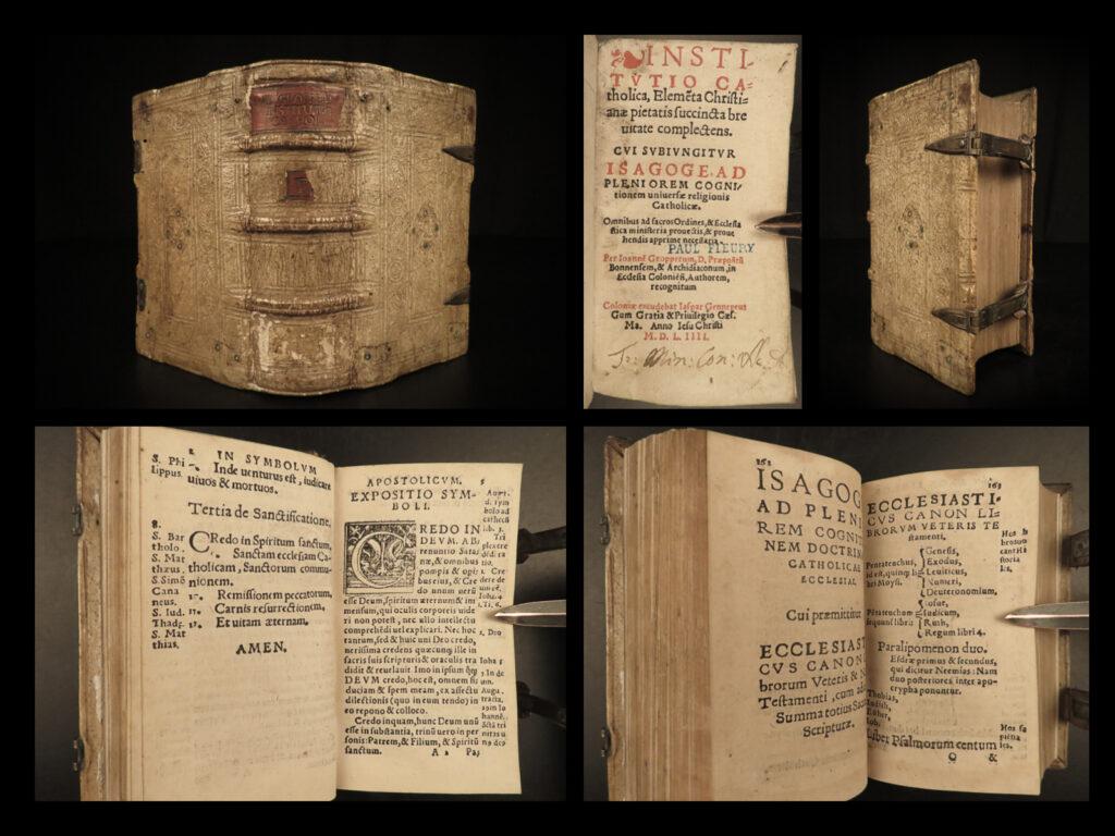 1554 1ed gropper catholic institutes protestant reformation rare binding erasmus | johann gropper was a 16<sup>th</sup>-century german catholic clergy who <strong>studied under erasmus</strong>. While little is known of his literary career, in 1554 he published one of his only known works, ‘<em>catholic institutes’</em>. This book was written, like many at the time, to fight against the protestant reformation, particularly in cologne.  