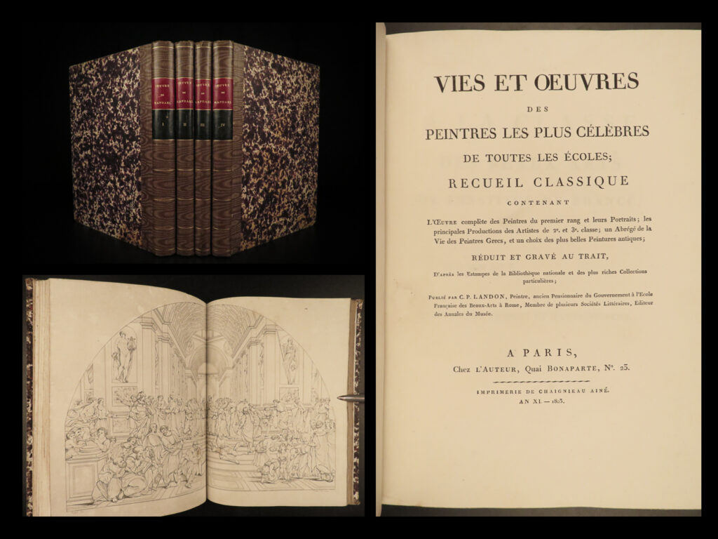 1803 italian renaissance 1ed art of raphael painting landon 4v set 463 plates | charles paul london was an early 19<sup>th</sup>-century french painter best-known, however, for his writings on art history and eminent painters. One such work was ‘<em>life and works of most famous painters’</em> – a collection of impressive tomes on the most famous artists. These four tomes from the early 19<sup>th</sup>-century first edition focuses on the life and work of raphael, perhaps the most important italian painter of the renaissance. It contains hundreds of illustrations of the sketches and art of raphael.