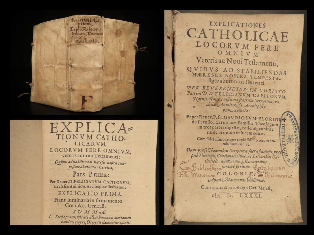 1581 catholic bible & commentary against heresy & heretics reformation capitonus | ‘<em>explicationes catholicae’</em> is a rare 16<sup>th</sup>-century commentary on both the old and new testaments, which, according to the title page, covers all the verses in the bible. <strong>author felicianus capitonus uses these commentaries to refute heretics of the time. </strong>  