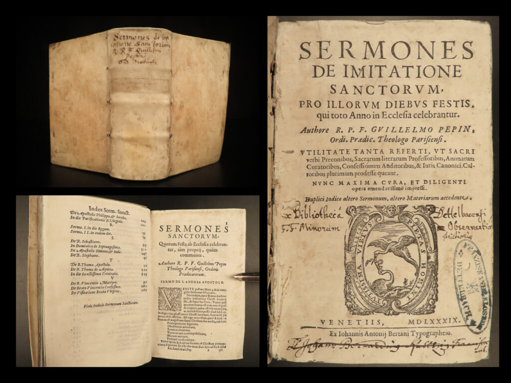 1589 1ed guillaume pepin bible sermons catholic rosary imitation of saints venice |   guillaume pepin was a late 15<sup>th</sup>-century dominican friar and preacher. He gained his fame in the early 1500s from his published sermons, in many of which pepin publicly attacked royalty and francis i. Pepin himself said, “is royalty a holy thing? Who made it? The devil, the people, and god: god, because nothing happens with his will; the devil, because he has breathed ambition and pride; the people because they have given themselves over to servitude. ” (pepin, <em>sermones de destrucitone</em>, 1518; from farge) pepin was instrumental in spreading marian piety and <strong>played a critical role in the development in the modern use of rosary in catholic traditions. </strong>   this 1589 first edition of the sermons of pepin was published in venice by antoino bertani, bound in impressive vellum.