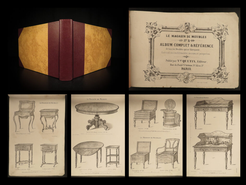 1860 french furniture store magasin de meubles tables chairs french design & art | victor quetin’s “<em>le magasin de meubles</em>” or ‘<em>the furniture store</em>” is a rare, mid-19<sup>th</sup>-century illustrated catalogue-like book <strong>filled with nearly 300 illustrated figures of furniture</strong>. Like many books from this era, this book portrays french art and design, showing vanities, tables, chairs, jewelry boxes, serving trays, and much more.