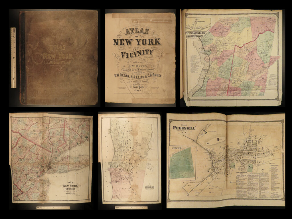 1867 huge atlas new york city brooklyn yonkers color city maps fw beers | a rare 19<sup>th</sup>-century atlas of new york! Collected by f. W. Beers, this enormous atlas contains numerous maps contains views of new york city, cities and towns, burroughs, and neighborhoods, as well as illustrations of iconic locations and buildings. Notable maps included in this atlas include: <ul> <li>peekskill</li> <li>beekmantown, tarrytown, irving</li> <li>putnam valley and philipstown</li> <li>cortland</li> <li>singsing</li> <li><strong><u>yonkers</u></strong></li> <li><strong><u>new york city</u></strong></li> <li><strong><u>brooklyn</u></strong></li> </ul>  