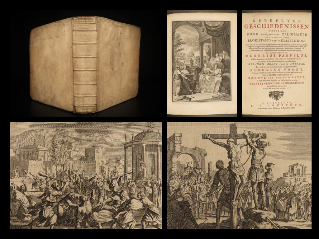 1749 huge eusebius early church history dutch art kerkelyke illustrated vellum | eusebius’s ‘<em>church history’</em> is considered the pioneering work on the history of the church. He details the life of jesus through emperor constantine’s military victories (ca. 325 ad). This particular mid-18<sup>th</sup>-century dutch edition was published in amsterdam with contributions by jakob arent. Note the impressive full-page and in-text illustrations.