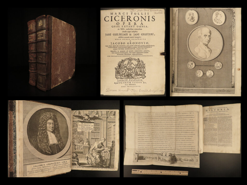 1692 works of cicero orations politics philosophy rome dutch gronovio latin 2v | <em>“a room without books is like a body without a soul. ” </em> ― marcus tullius cicero   cicero was one of the most notable and prolific roman figures of ancient rome. His philosophical works and letters are considered the most reliable source of information for the period leading up to the fall of the roman republic. The works of cicero have been published in numerous languages and formats from as early as the mid-15<sup>th</sup>-century. <em> </em> this latin set was published by peter van der aa in lyon in 1692 and was edited by the famous dutch scholar jacob gronovius. It contains cicero’s philosophical orations. Gronovius included the contributions of janus gruterus and janus gulielmus. <em> </em>