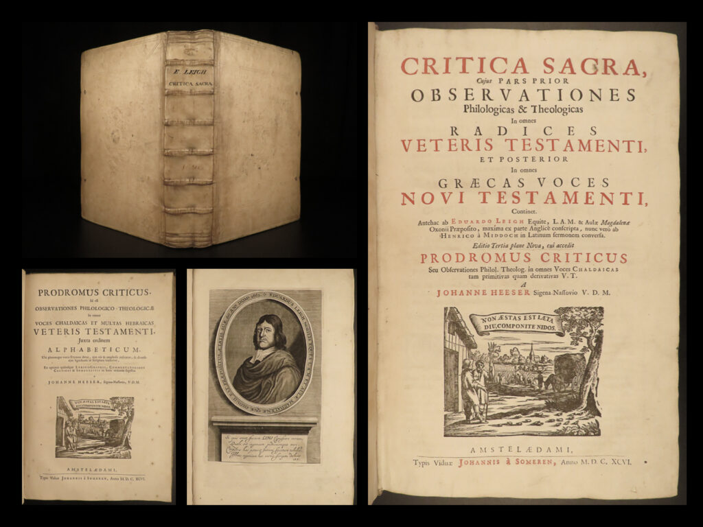 1696 greek bible critica sacra new testament language study latin leigh middoch | edward leigh was a 17<sup>th</sup>-century english author who is known for his books of commentary on theology, philology, and english history. However, his most important and widely recognized as best work was his first ‘<em>critica sacra’</em>, a collection of observations on the greek texts used in the new testament.   in 1679, henricus a middoch translated both the old and new testament portions of the ‘<em>critica sacra’</em> into latin. This 1696 edition contains the notes and commentary by contributors including middoch and johannes heeser.